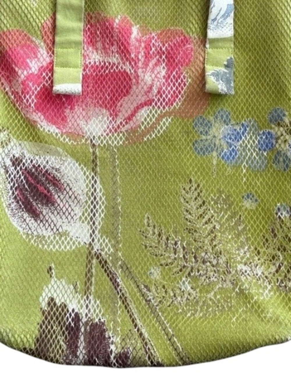Anthropologie Olive Green Floral Mesh Tote with Pink and Blue Accents